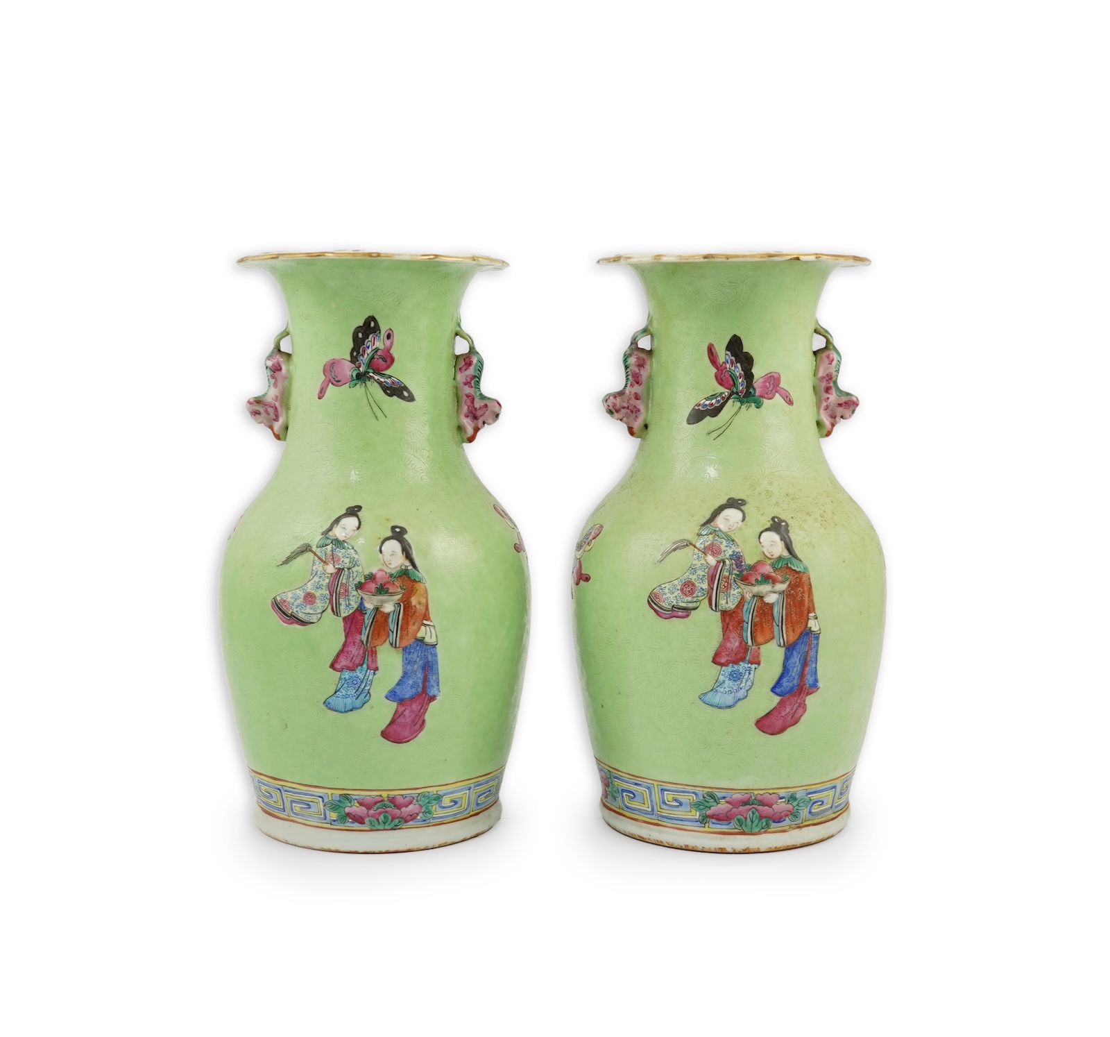 A pair of Chinese lime-green sgraffito ground vases, late 19th century